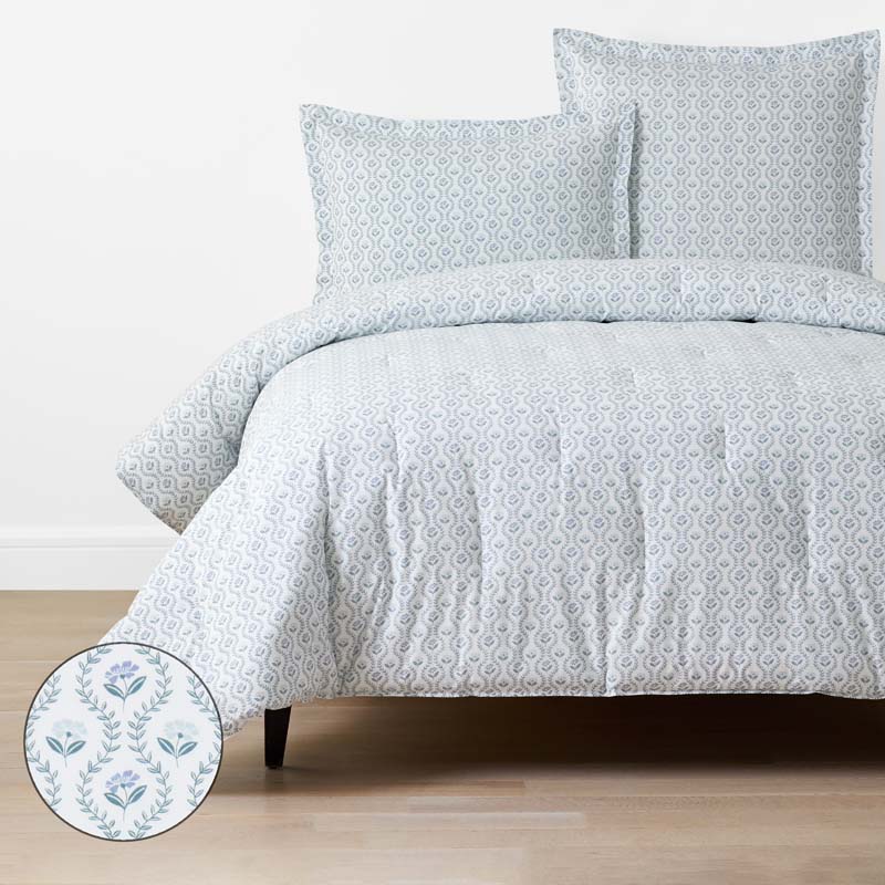 Tira Floral Classic Cool Cotton Percale Comforter - Flower Blue, Full/Queen