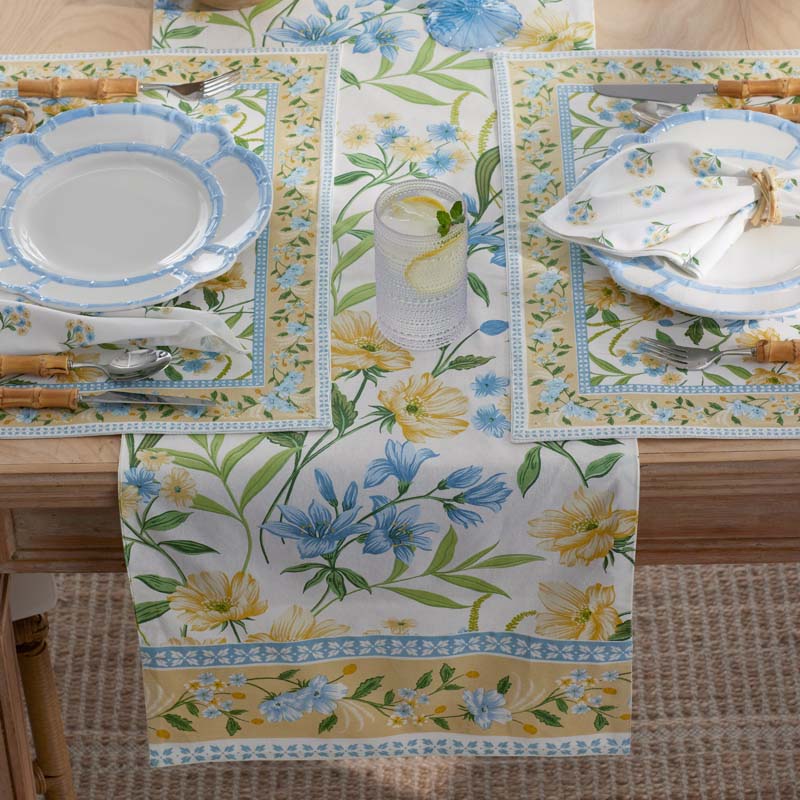 Garden Floral Cotton Table Runner - Gardenia Mist, 16 in. x 108 in.