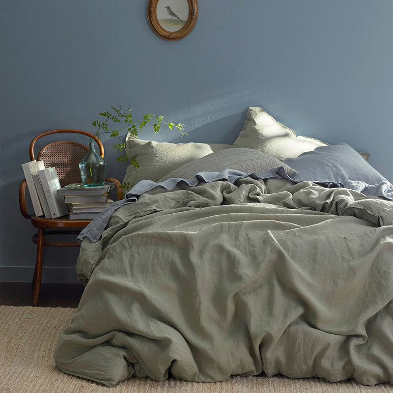 Premium Breathable Washed Linen Solid Fitted Bed Sheet - Moss Green, Full