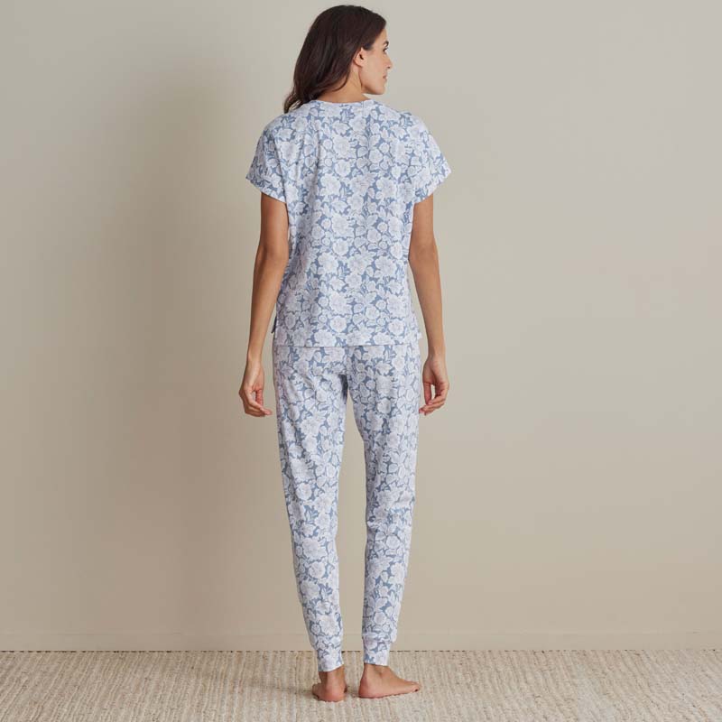 Printed Pima Cotton Women's Jogger Pants Pajama Set - Blue Garden, XL
