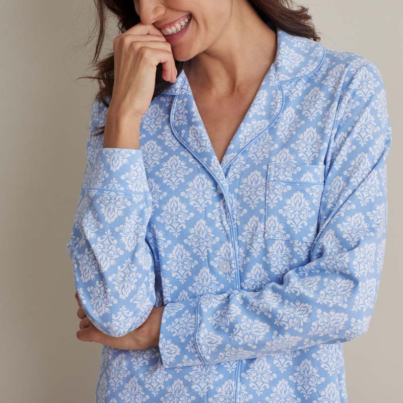 Printed Pima Cotton Women's Button-Down Pajama Set - Lisbon Blue, L