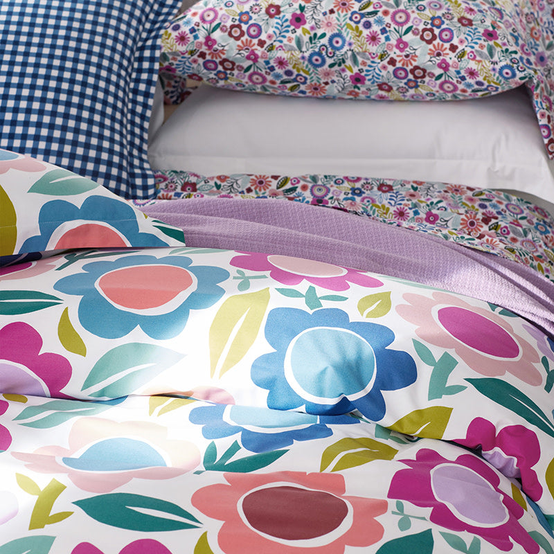 Joyful Flower Classic Cool Organic Cotton Percale Duvet Cover Set - White Multi, Twin/Twin XL