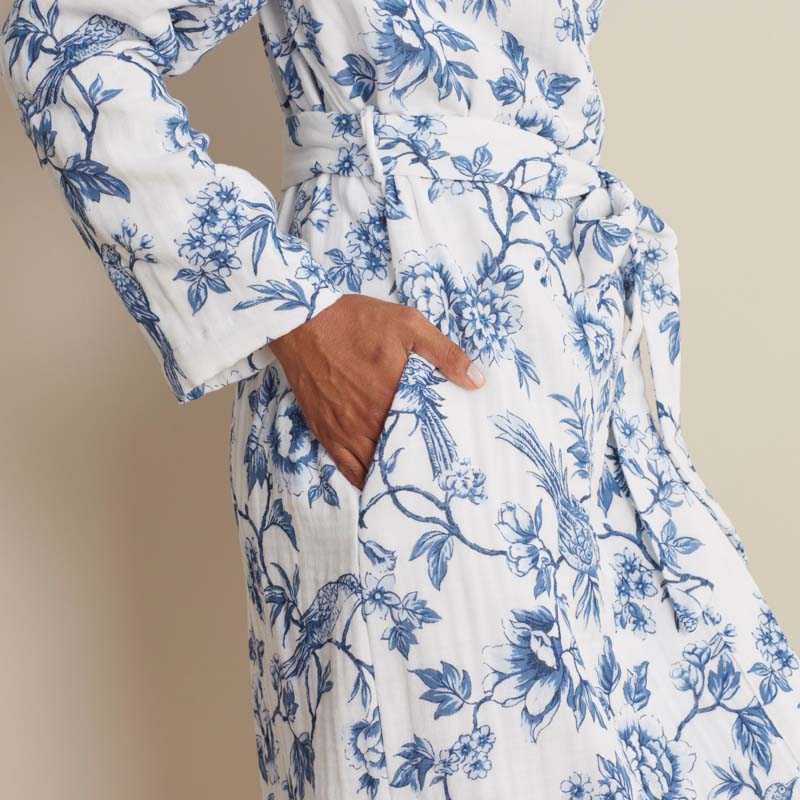 Textured Gauze Cotton Robe - Indigo Floral, XXL