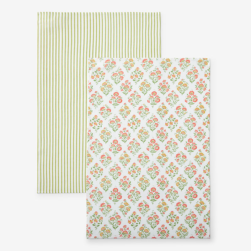 Mix & Match Printed Cotton Tea Towels, Set of 2 - Pink Green