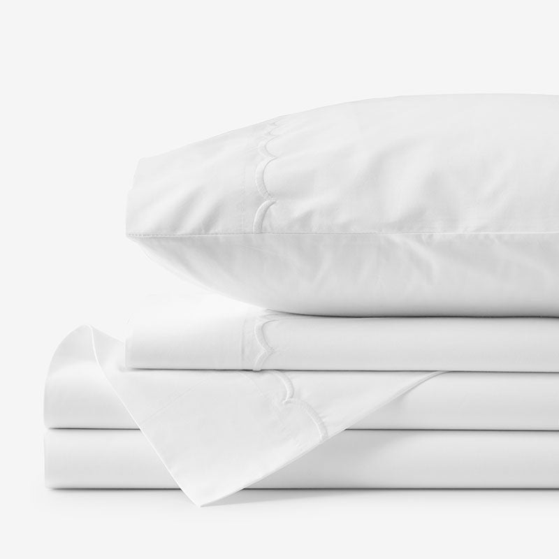 Embroidered Scallop Classic Cool Cotton Percale Bed Sheet Set - White, Queen