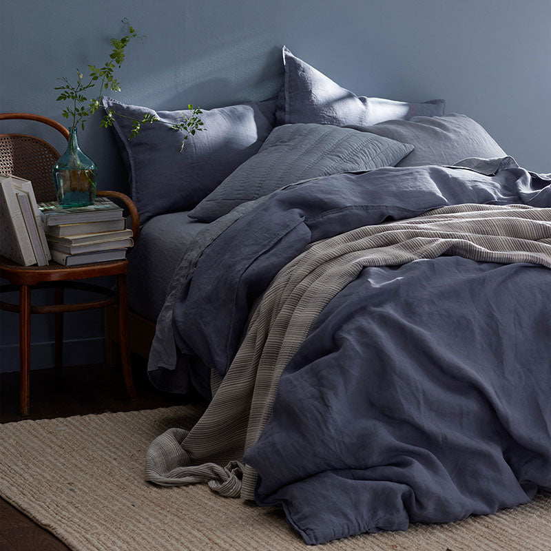 Premium Breathable Washed Linen Solid Flat Bed Sheet - Denim Blue, Full