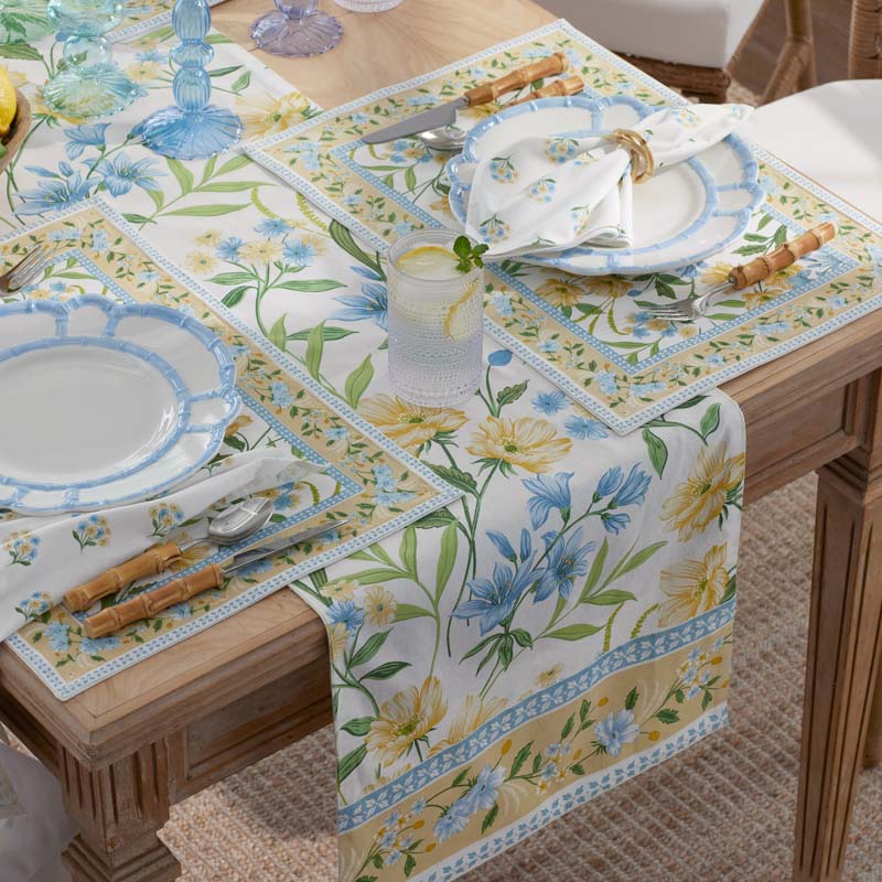 Garden Floral Cotton Table Runner - Gardenia Mist, 16 in. x 90 in.
