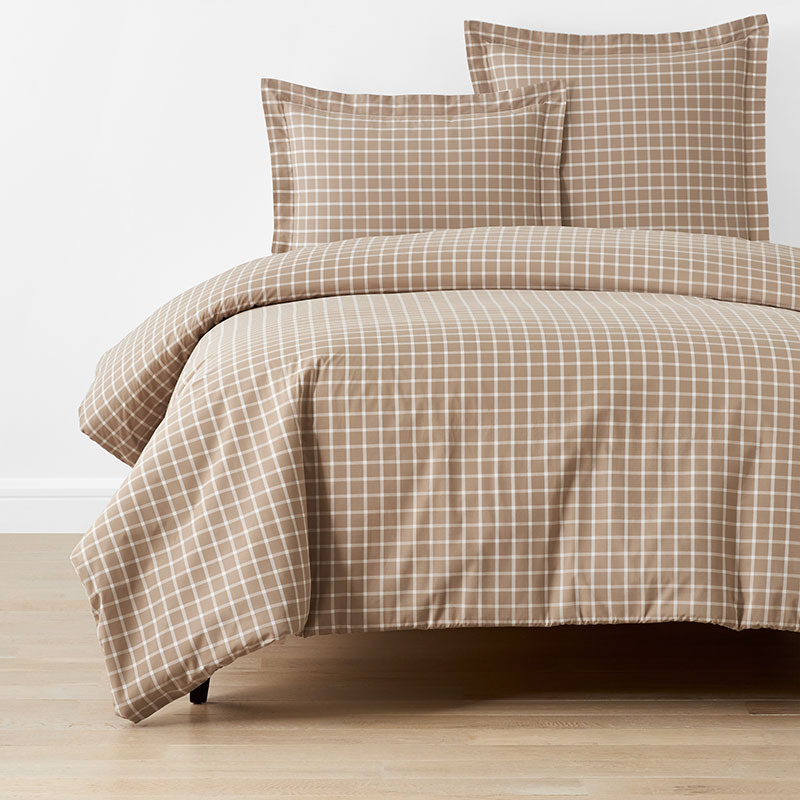 Classic Stripes and Plaids Cool Yarn-Dyed Cotton Percale Duvet Cover - Windowpane Taupe, Twin