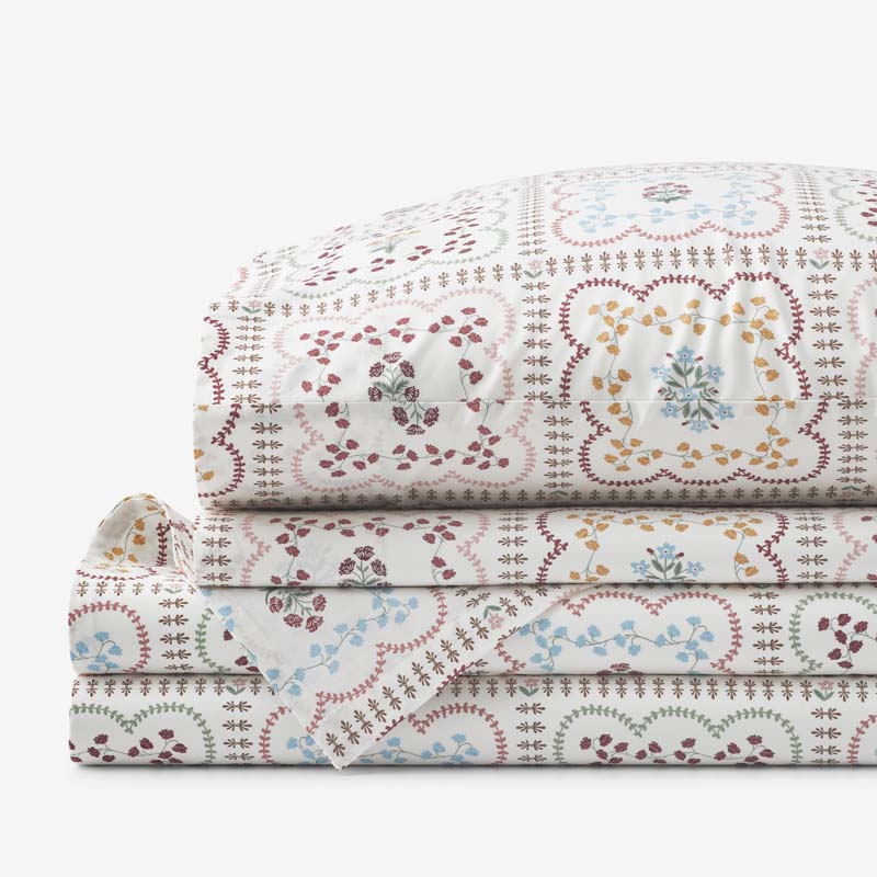 Lottie Classic Cool Cotton Percale Bed Sheet Set - Ivory Multi, Twin
