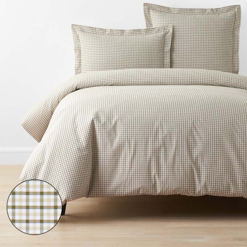 Classic Stripes and Plaids Cool Yarn-Dyed Cotton Percale Duvet Cover - Mini Check Green, Twin