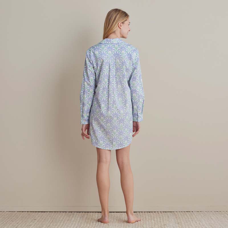 Printed Poplin Women's Nightshirt - Blue Palm, XXL