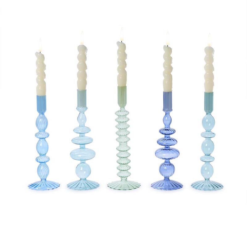 Hand-Blown Glass Taper Candlestick Candle Holders, Set of 5 - Blue