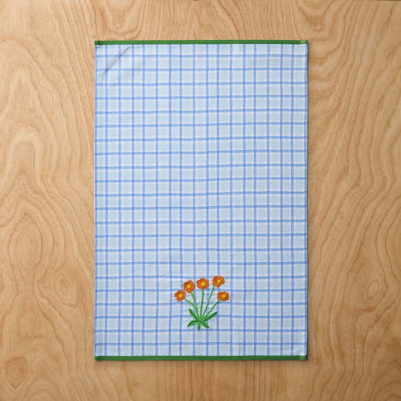 Floral Plaid Kitchen Towel Sets - Blue, Set of 2