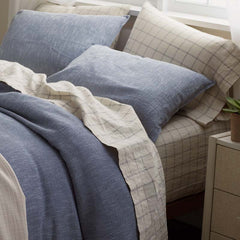 Tailored Stripes and Plaids Premium Breathable Washed Linen Cotton Flat Bed Sheet - Windowpane Deep Navy, Twin/Twin XL
