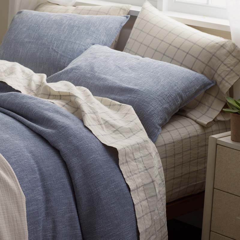 Tailored Stripes and Plaids Premium Breathable Washed Linen Cotton Flat Bed Sheet - Windowpane Deep Navy, Full